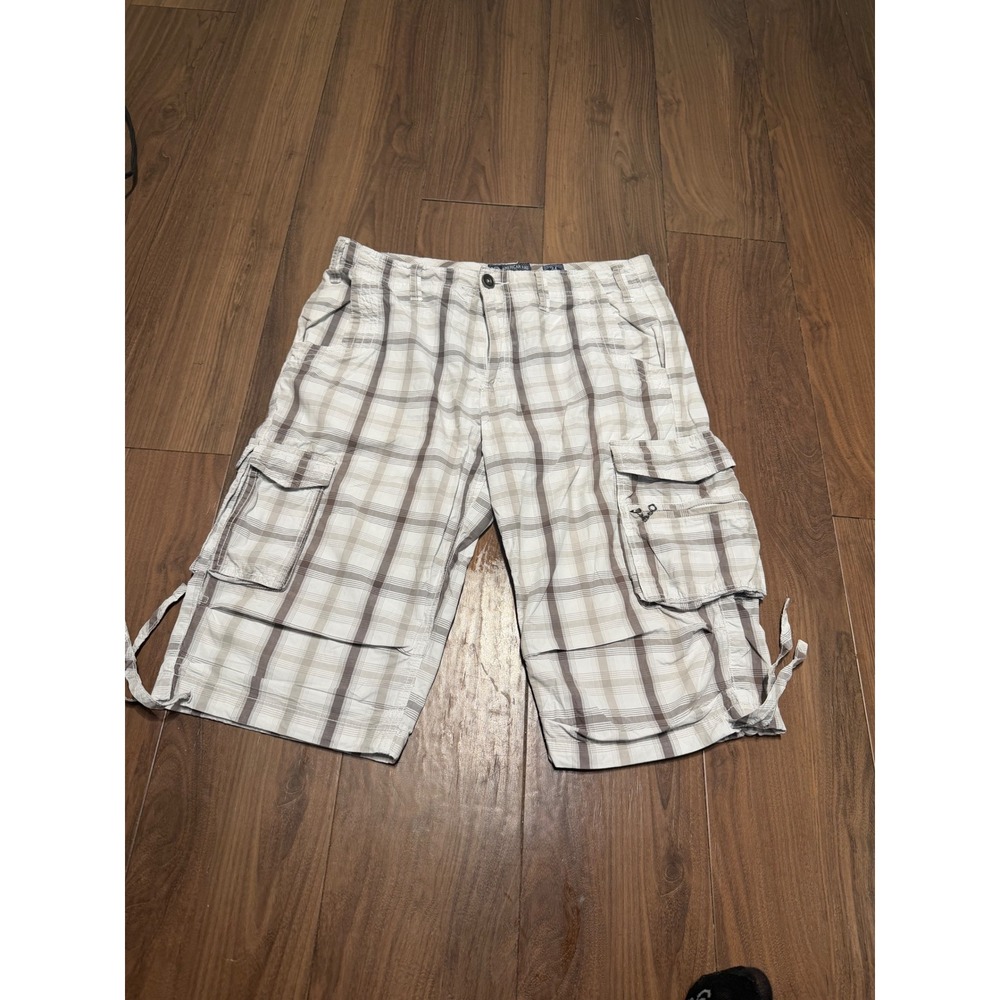 American Rag Mens Plaid Cargo Shorts Cream Tan Brown Size 34 Cotton